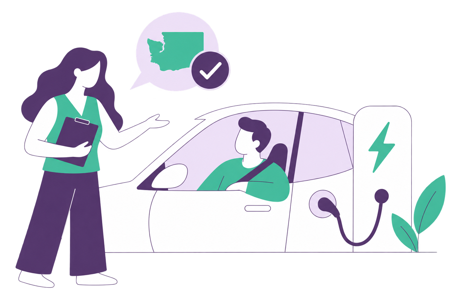 illustration of a woman talking to a driver while charging the vehicle