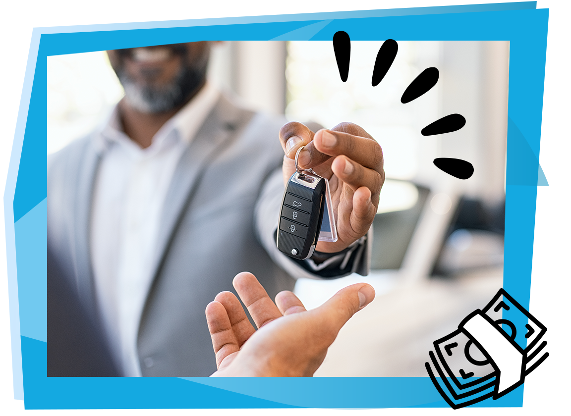 a ev dealer giving the keys to a buyer