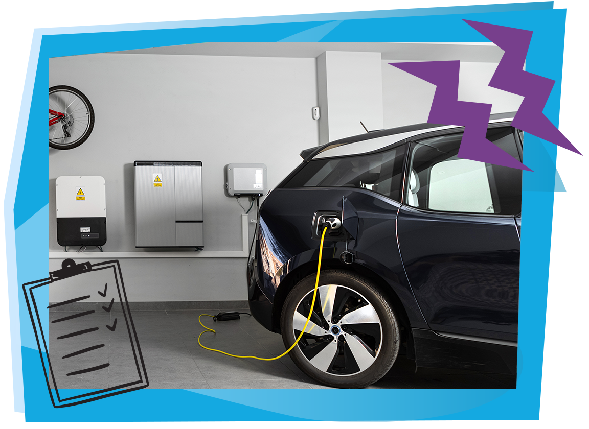 an ev vehicle getting charged in a home garage