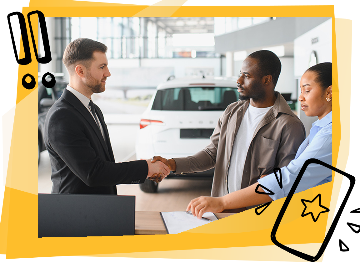 a couple interacting with a car dealer